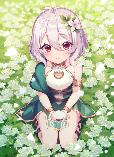 Anime picture 2894x3976 with princess connect! re:dive princess connect! kokkoro (princess connect!) nam single tall image looking at viewer blush fringe highres short hair smile hair between eyes red eyes sitting holding ahoge outdoors white hair hair flower