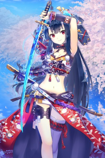 Anime picture 800x1199 with chain chronicle original sega keito (kazamatuli) single long hair tall image black hair red eyes standing bare shoulders holding sky horn (horns) bare belly bare legs cherry blossoms floral print glowing weapon girl