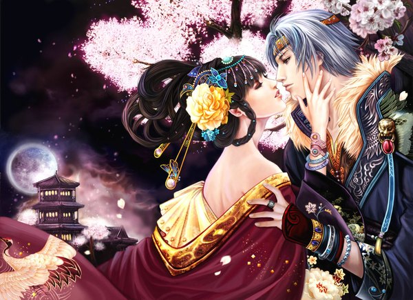 Anime picture 1103x800 with jiuge long hair short hair brown hair silver hair eyes closed japanese clothes realistic almost kiss girl boy hair ornament flower (flowers) plant (plants) tree (trees) bracelet kimono leaf (leaves) building (buildings) moon