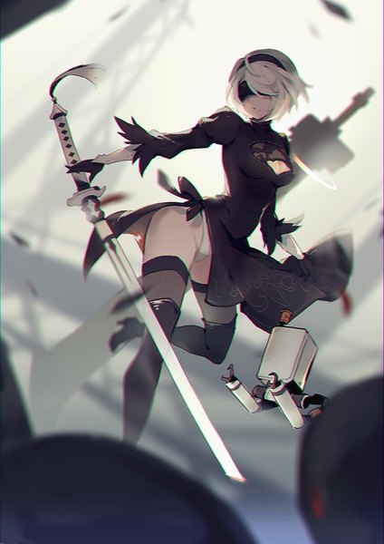 Anime picture 707x1000 with nier nier:automata yorha no. 2 type b pod (nier:automata) vienri single tall image short hair light erotic cleavage white hair mole side slit mole under mouth blindfold girl thighhighs dress weapon black thighhighs