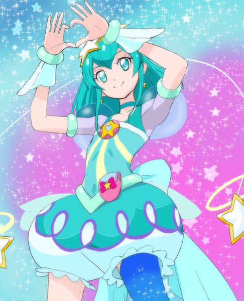 Anime picture 729x900 with precure star twinkle precure toei animation hagoromo lala cure milky haruyama kazunori single long hair tall image smile looking away aqua eyes aqua hair sparkle from below puffy sleeves magical girl heart hands girl thighhighs
