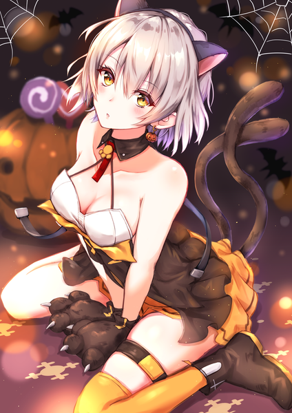 Anime picture 1736x2456 with girls frontline vector (girls frontline) toki (toki ship8) single tall image looking at viewer blush fringe highres short hair open mouth hair between eyes sitting bare shoulders animal ears yellow eyes payot cleavage silver hair full body