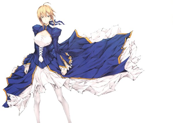 Anime picture 2454x1749 with fate (series) fate/stay night type-moon artoria pendragon (all) saber kizuki aruchu single long hair looking at viewer highres simple background blonde hair white background green eyes ahoge wind scan girl dress pantyhose