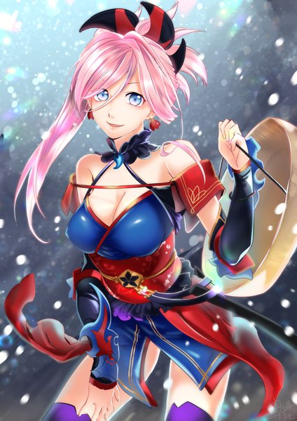 Anime picture 868x1228 with fate (series) fate/grand order miyamoto musashi (fate) annojyouharuto single long hair tall image looking at viewer fringe open mouth blue eyes light erotic hair between eyes standing bare shoulders holding pink hair cleavage traditional clothes japanese clothes