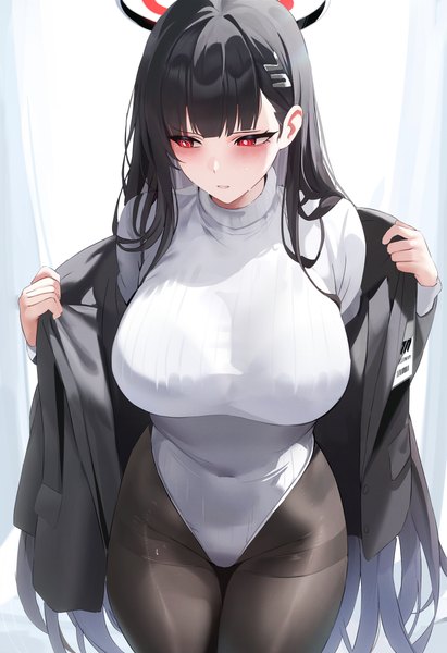 Anime picture 4160x6080 with blue archive rio (blue archive) fantongjun single long hair tall image fringe highres breasts light erotic black hair red eyes large breasts standing signed looking away absurdres blunt bangs parted lips off shoulder