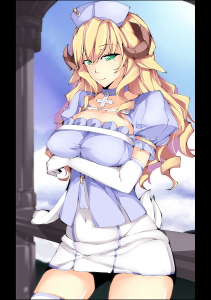 Anime picture 845x1200 with original dean single long hair tall image breasts blonde hair large breasts green eyes horn (horns) light smile monster girl girl dress gloves elbow gloves