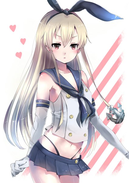 Anime picture 1000x1414 with kantai collection shimakaze destroyer single long hair tall image looking at viewer blush simple background blonde hair red eyes bare shoulders girl gloves navel ribbon (ribbons) hair ribbon miniskirt elbow gloves heart