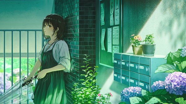 Anime picture 1920x1080 with original sugi87 single looking at viewer fringe highres short hair open mouth brown hair wide image standing holding yellow eyes sunlight short sleeves reflection against wall closed umbrella brick wall girl