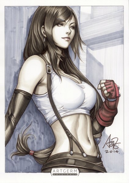 Anime picture 704x1000 with final fantasy final fantasy vii square enix tifa lockhart artgerm (stanley lau) single long hair tall image breasts brown eyes signed looking away realistic inscription bare belly midriff border framed against wall girl