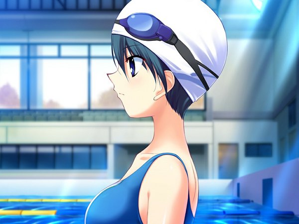 Anime picture 1024x768 with hoshiuta kinoshita midori fumio (ura fmo) blue eyes black hair game cg girl swimsuit