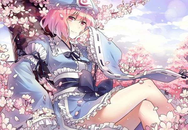 Anime picture 1300x900 with touhou saigyouji yuyuko rella short hair smile pink hair pink eyes legs crossed legs cherry blossoms girl dress hat petals