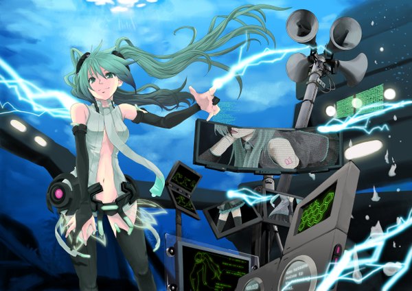 Anime picture 2480x1753 with vocaloid vocaloid append hatsune miku hatsune miku (append) highres twintails green eyes green hair girl thighhighs