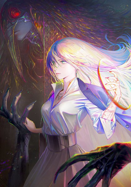 Anime picture 4096x5828 with original arata yokoyama long hair tall image fringe highres breasts hair between eyes standing green eyes looking away absurdres white hair long sleeves nail polish multicolored hair arm up fingernails tattoo magic