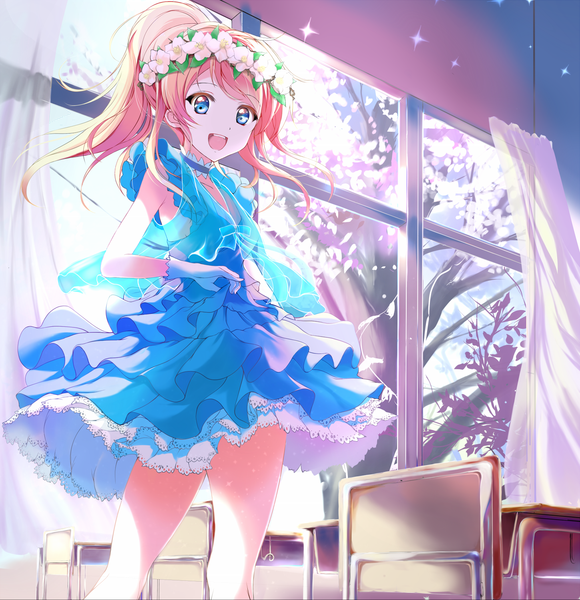 Anime picture 1449x1499 with love live! school idol project sunrise (studio) love live! ayase eli 41y (yooichiwai) single long hair tall image looking at viewer open mouth blue eyes blonde hair ponytail hair flower cherry blossoms classroom girl dress gloves hair ornament