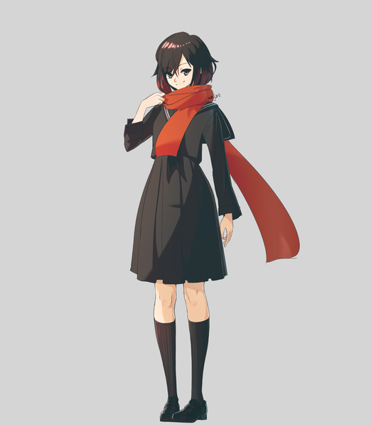 Anime picture 2000x2300 with rwby rooster teeth ruby rose ar jart single tall image looking at viewer highres short hair simple background smile brown hair standing brown eyes signed full body long sleeves pleated skirt grey background twitter username