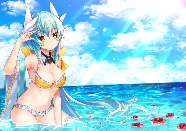 Anime picture 1696x1202 with fate (series) fate/grand order kiyohime (fate) kiyohime (swimsuit lancer) (fate) sakofu single looking at viewer fringe breasts light erotic smile hair between eyes large breasts yellow eyes sky cloud (clouds) very long hair arm up horn (horns) sunlight