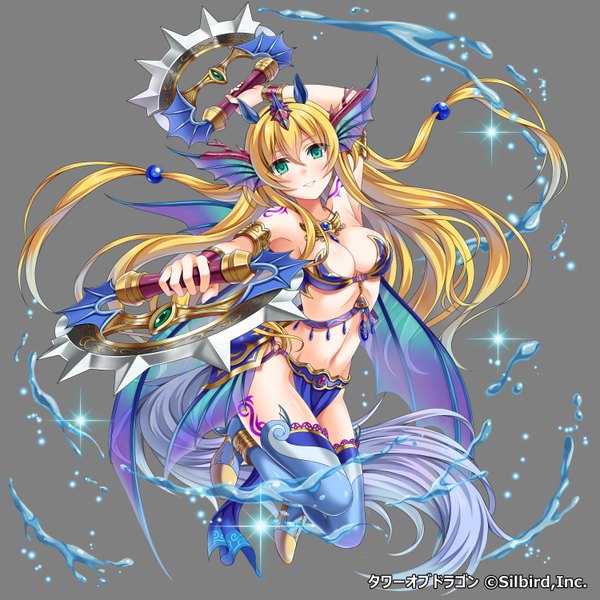 Anime picture 3000x3000 with tower of dragon violet sit single long hair fringe highres breasts light erotic blonde hair simple background smile holding bent knee (knees) arm up midriff tattoo dual wielding glow girl navel