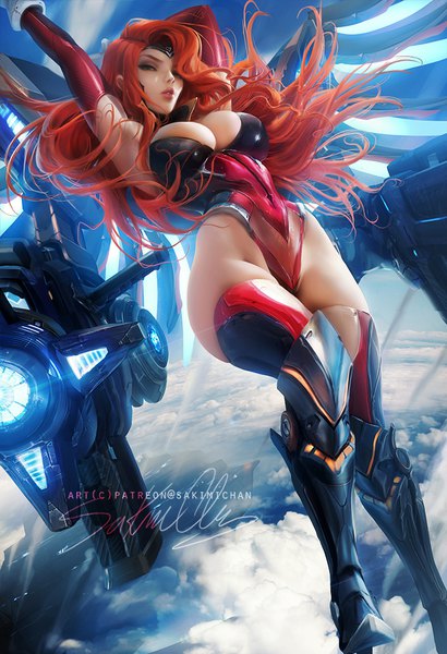 Anime-Bild 684x1000 mit league of legends miss fortune (league of legends) sakimichan single long hair tall image looking at viewer fringe breasts light erotic large breasts green eyes signed sky cleavage cloud (clouds) red hair parted lips wind lips