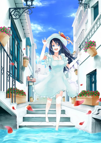 Anime picture 1400x1979 with original retsuna single long hair tall image looking at viewer open mouth blue eyes black hair barefoot girl flower (flowers) hat petals pendant sundress
