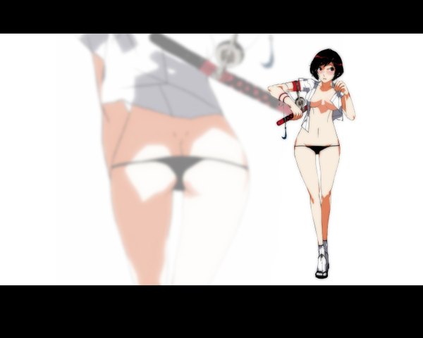 Anime picture 1280x1024 with red ninja breasts light erotic white background girl underwear panties weapon sword katana black panties