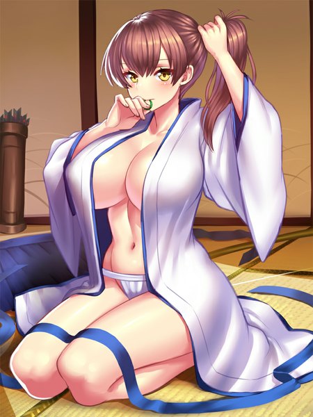 Anime picture 750x1000 with kantai collection kaga aircraft carrier yapo (croquis side) single long hair tall image looking at viewer blush breasts light erotic smile brown hair large breasts sitting holding yellow eyes ponytail traditional clothes japanese clothes bare belly
