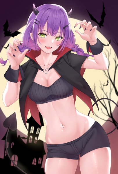 Anime picture 2395x3535 with virtual youtuber hololive tokoyami towa shinigami kiraki single long hair tall image blush highres breasts open mouth light erotic standing green eyes cleavage purple hair tail braid (braids) :d horn (horns)