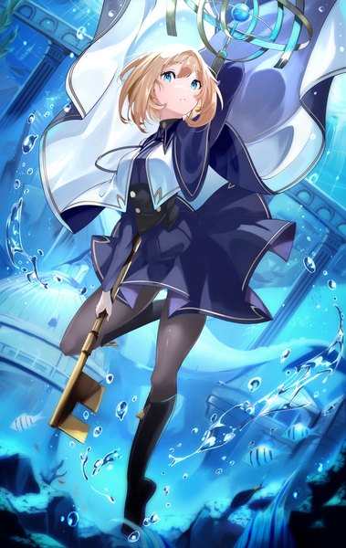 Anime picture 2894x4576 with original riu (risumi) risumi (taka-fallcherryblossom) single tall image fringe highres short hair blue eyes blonde hair hair between eyes full body bent knee (knees) looking up underwater girl animal pantyhose black pantyhose fish (fishes)
