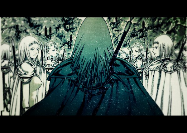 Anime picture 1200x855 with claymore madhouse tagme (character) long hair looking at viewer short hair blonde hair multiple girls looking away back monochrome 6+ girls girl weapon sword armor cloak huge weapon