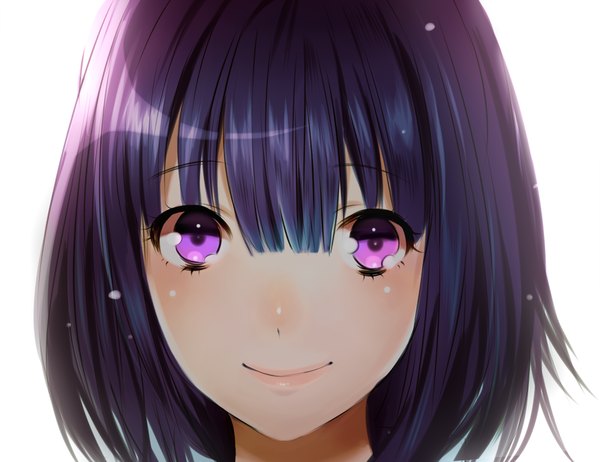 Аниме картинка 1000x770 с оригинальное изображение minami haruya один (одна) смотрит на зрителя румянец чёлка короткие волосы чёрные волосы простой фон улыбка белый фон фиолетовые глаза лёгкая улыбка лицо девушка