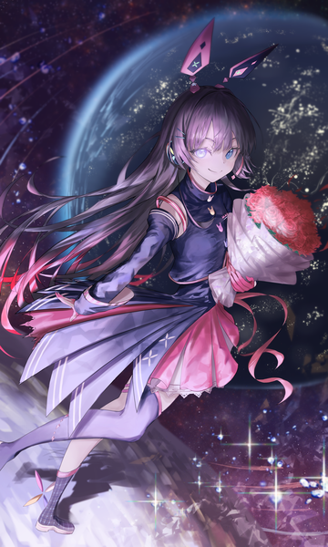 Anime picture 2250x3750 with virtual youtuber nijisanji tsukino mito atatatatame01 single long hair tall image looking at viewer fringe highres black hair smile hair between eyes full body from above sparkle heterochromia girl flower (flowers) detached sleeves