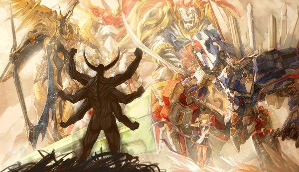 Anime picture 2000x1151 with super robot wars the 3rd super robot wars alpha irui guneden dis astranagant banpreios dairaioh koryuoh archlich long hair highres blonde hair wide image horn (horns) giant extra arms girl skirt gloves ribbon (ribbons) weapon