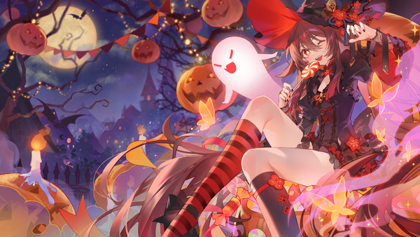 Anime picture 4800x2700 with genshin impact hu tao (genshin impact) boo tao (genshin impact) miji black single fringe highres open mouth hair between eyes red eyes brown hair wide image twintails absurdres very long hair nail polish halloween ;d black nail polish ghost