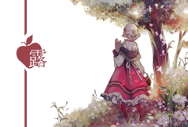 Anime picture 2581x1747 with original x77549 highres standing traditional clothes back hieroglyph girl dress flower (flowers) plant (plants) tree (trees) apple basket