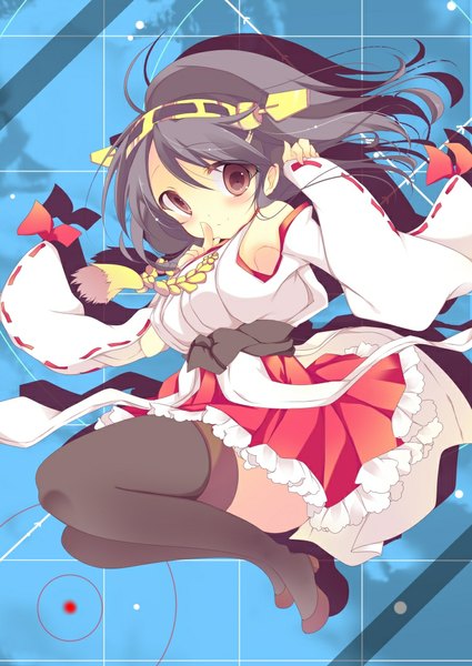 Anime picture 752x1062 with kantai collection hiei battleship single tall image looking at viewer blush short hair black hair brown eyes traditional clothes finger to mouth nontraditional miko girl thighhighs black thighhighs detached sleeves hairband
