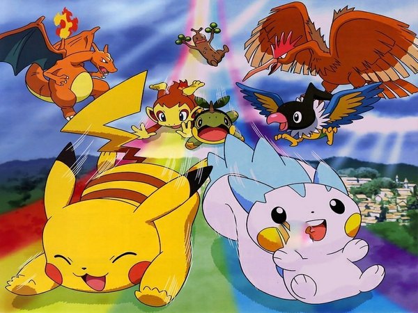 Anime picture 1024x768 with pokemon nintendo pikachu charizard pachirisu turtwig chimchar sudowoodo chatot fearow tail gen 1 pokemon gen 2 pokemon gen 4 pokemon animal wings bird (birds) fire dragon rainbow