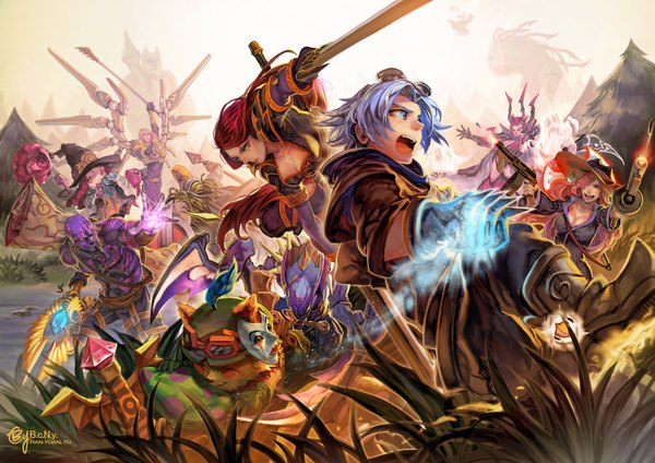 Anime picture 3395x2400 with league of legends katarina (league of legends) lulu (league of legends) miss fortune (league of legends) teemo (league of legends) ezreal (league of legends) elise (league of legends) kayle (league of legends) kha'zix (league of legends) pantheon (league of legends) jax (league of legends) ryze (league of legends) baron nashor (league of legends) b.c.n.y. (bcnyart) long hair blush fringe highres short hair breasts