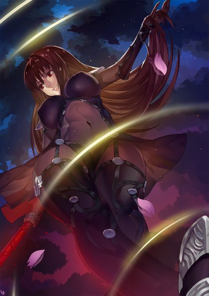 Anime picture 886x1253 with fate (series) fate/grand order scathach (fate) (all) scathach (fate) nanaya (daaijianglin) single long hair tall image breasts light erotic smile red eyes brown hair large breasts holding looking away cloud (clouds) night cherry blossoms covered navel