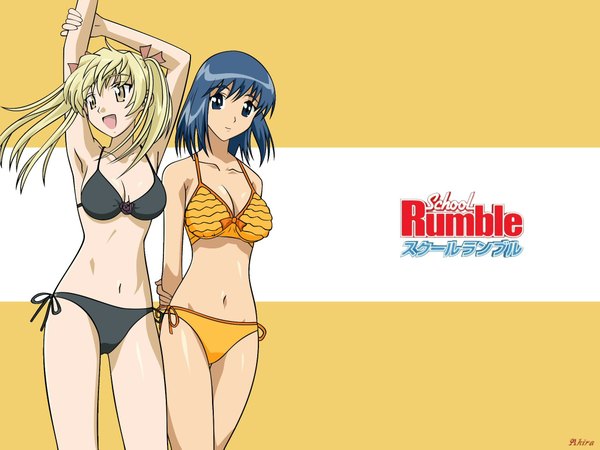 Anime picture 2048x1536 with school rumble sawachika eri suou mikoto kobayashi jin long hair looking at viewer highres short hair breasts open mouth blue eyes light erotic simple background blonde hair twintails multiple girls yellow eyes blue hair looking away armpit (armpits)