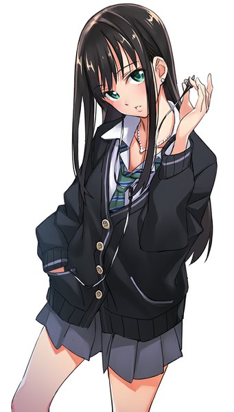 Anime picture 569x1000 with idolmaster idolmaster cinderella girls shibuya rin matsuryuu single long hair tall image looking at viewer blush simple background brown hair white background green eyes pleated skirt hand in pocket hand on headphones girl skirt uniform school uniform