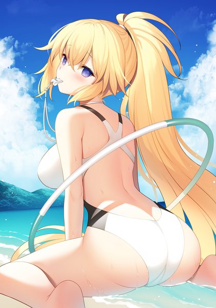 Anime picture 1463x2085 with fate (series) fate/grand order jeanne d'arc (fate) (all) jeanne d'arc (swimsuit archer) miko (royal milk) single long hair tall image looking at viewer blush fringe breasts light erotic blonde hair hair between eyes large breasts sitting purple eyes holding payot