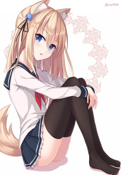 Anime picture 1194x1718 with original rin yuu single long hair tall image looking at viewer blue eyes blonde hair hair between eyes animal ears tail animal tail girl thighhighs skirt uniform black thighhighs miniskirt serafuku