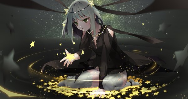 Anime picture 1400x735 with original pourelise single long hair blush fringe open mouth wide image sitting green eyes grey hair night night sky kneeling constellation girl dress hair ornament ribbon (ribbons) black dress