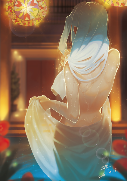 Anime picture 804x1142 with fate (series) fate/zero type-moon irisviel von einzbern shuizhanglang single long hair tall image light erotic standing bare shoulders holding signed blue hair white hair indoors multicolored hair from behind wet lens flare