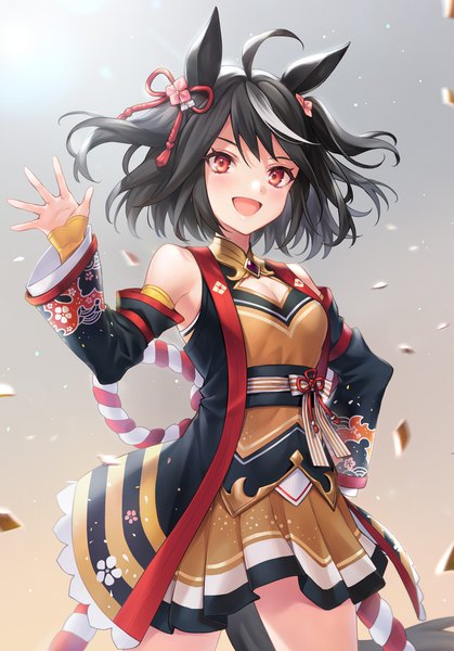 Anime picture 1048x1500 with umamusume kitasan black (umamusume) shiao single tall image blush short hair open mouth black hair red eyes animal ears ahoge tail :d animal tail multicolored hair two side up streaked hair hand on hip horse ears