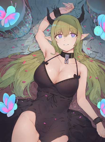 Anime picture 2551x3437 with original grain single long hair tall image looking at viewer blush fringe highres breasts blue eyes light erotic hair between eyes large breasts cleavage lying parted lips arm up horn (horns) green hair