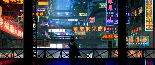 Anime picture 4000x1691 with original haru akira highres wide image standing night text city hieroglyph cityscape scenic city lights silhouette building (buildings) coat pillar power lines people shop billboard
