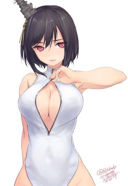 Anime picture 620x900 with kantai collection yamashiro battleship rokuwata tomoe single tall image blush fringe short hair breasts light erotic black hair simple background red eyes large breasts white background signed looking away cleavage armpit (armpits) dated