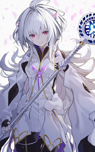 Anime picture 1404x2240 with fate (series) fate/grand order fate/prototype merlin (fate/prototype) yuuuuu single long hair tall image looking at viewer fringe smile hair between eyes standing silver hair ahoge pink eyes girl gloves fingerless gloves staff