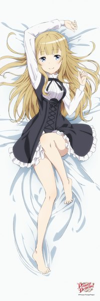 Anime picture 2962x8863 with princess principal princess (princess principal) single long hair tall image looking at viewer fringe highres blue eyes light erotic blonde hair smile full body lying blunt bangs barefoot copyright name dakimakura (medium) girl uniform