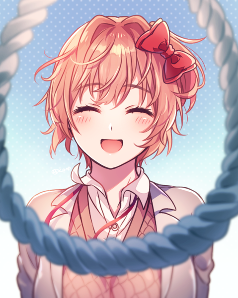 Anime picture 719x900 with doki doki literature club sayori (doki doki literature club) aicedrop single tall image blush fringe short hair open mouth simple background smile upper body eyes closed blurry orange hair gradient background happy open collar ^ ^ polka dot